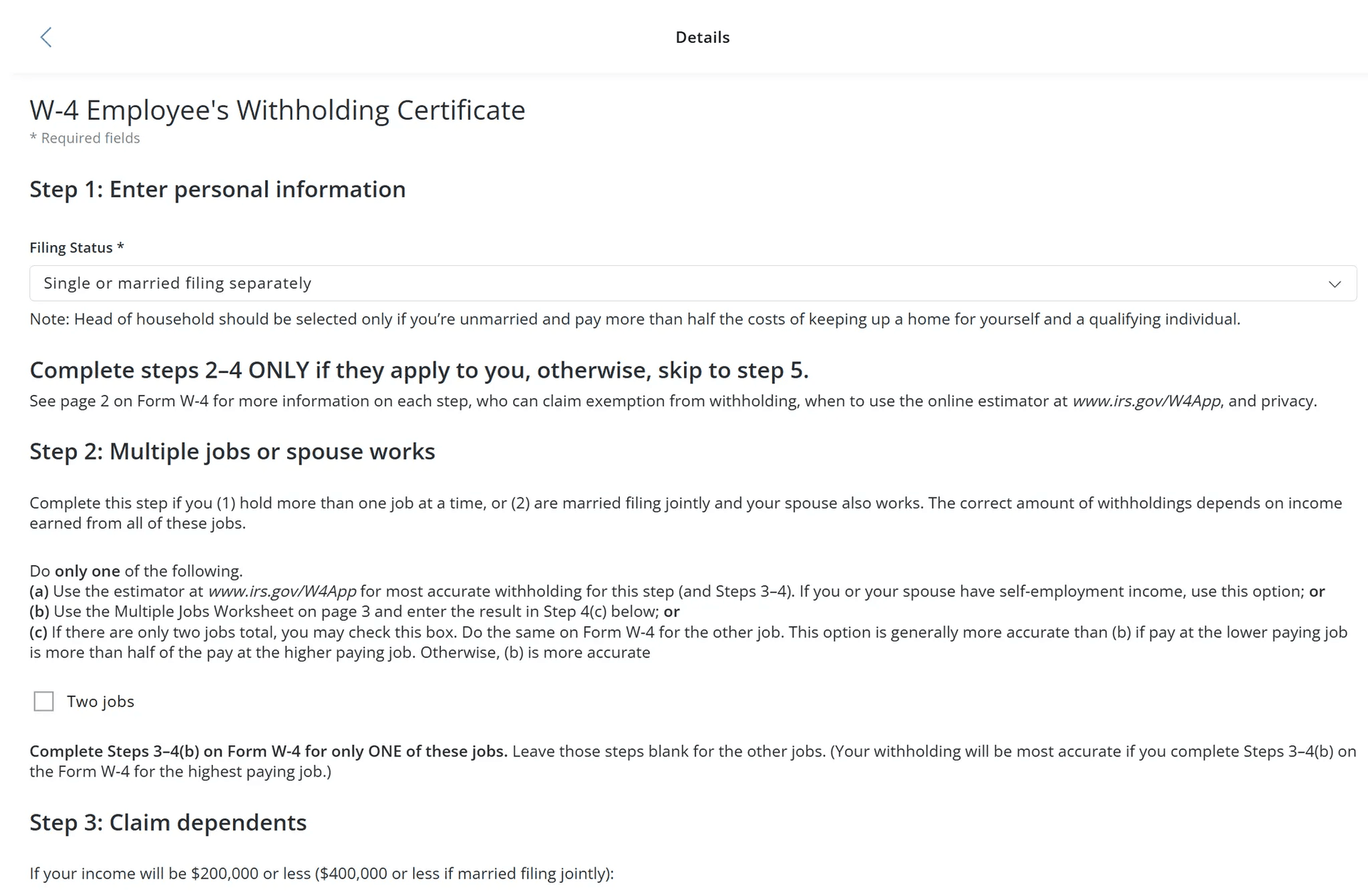 Federal W-4 tax form editing screen