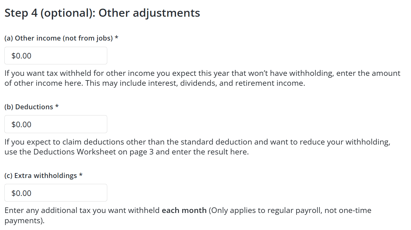 Adjust income/deductions/withholding